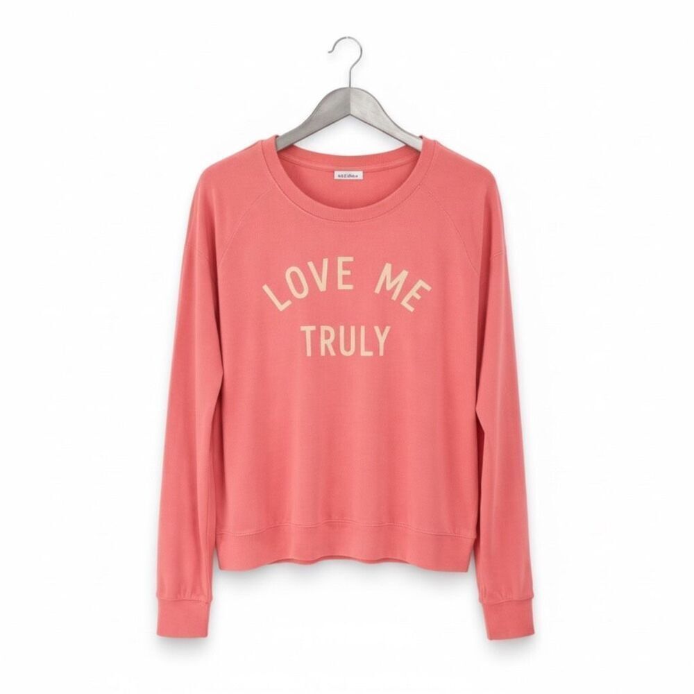 Sundry Love Me Truly Sweatshirt Medium Coral Graphic Pullover Soft Knit Top